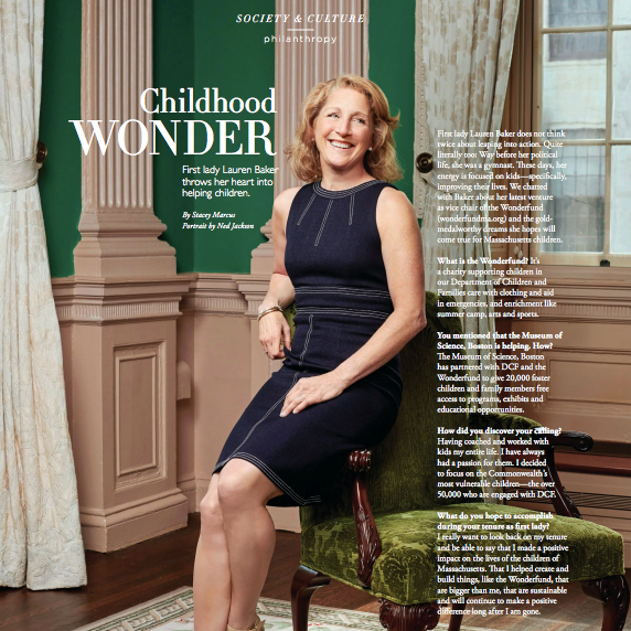 Green Boston Common Magazine cover with First Lady Lauren Baker pictured on front.