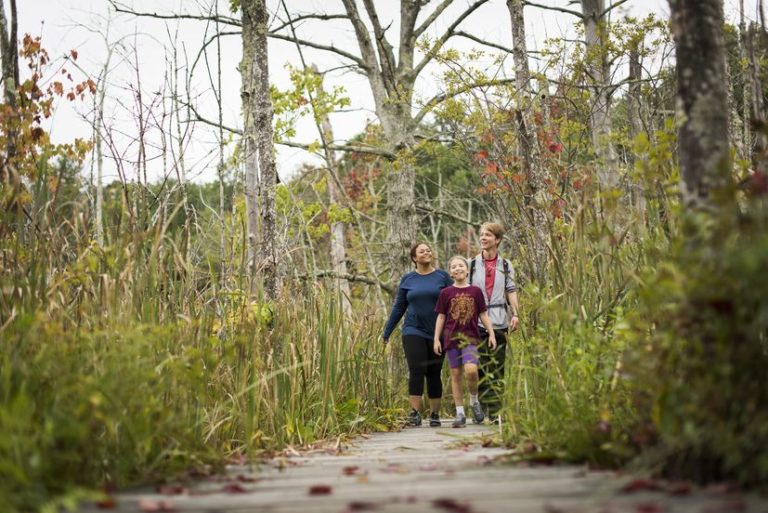 Family walking through a trail at MA Audubon